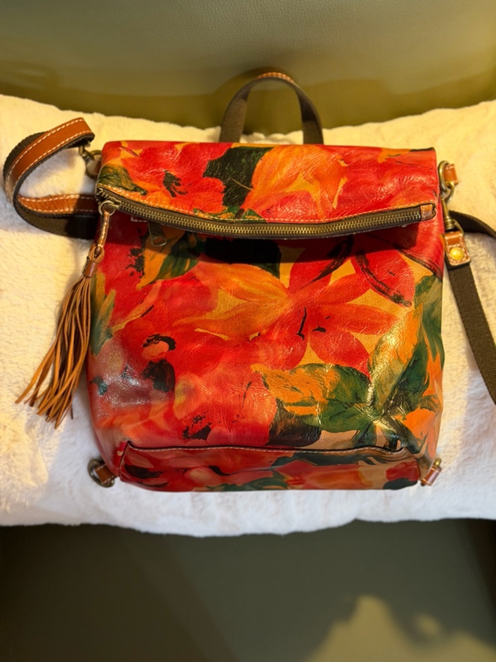 Patricia Nash Red Orange Floral Convertible Leather Backpack Crossbody